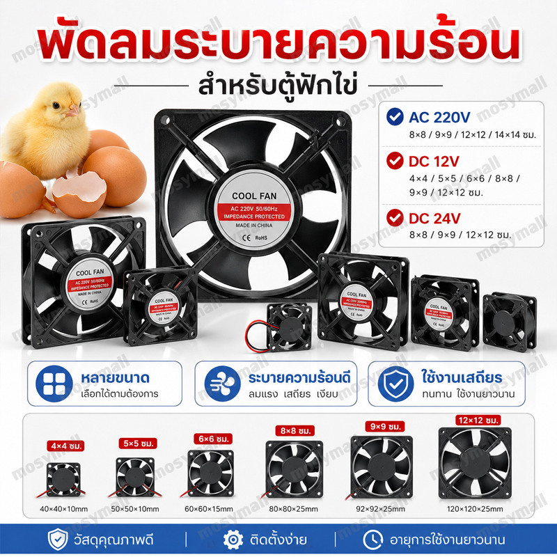 พร้อมส่ง! พัดลมตู้ฟักไข่ พัดลม AC 220V DC 12V 24V มีหลายขนาดให้เลือก พัดลมระบายความร้อน พัดลมระบายความร้อนตู้ฟักไข่