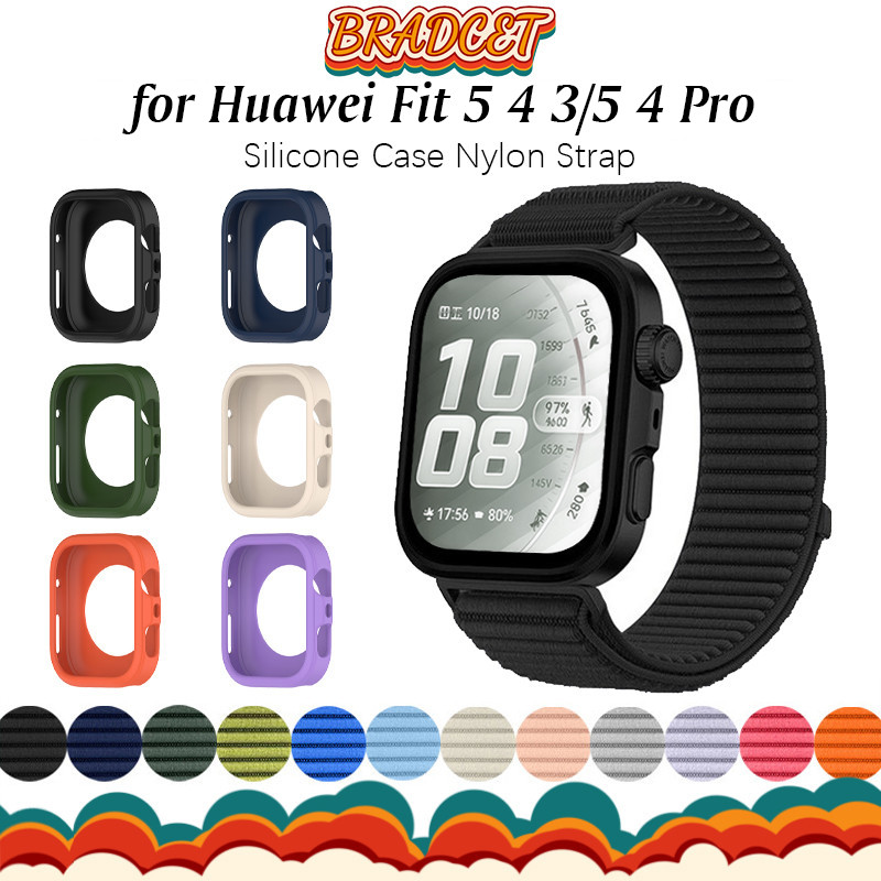 กรณีซิลิโคนป้องกัน + สายไนล่อน for Huawei Watch Fit 5 4/Fit 3 5 4 Pro ยางอ่อนเชลล์กันชนฝาครอบหน้าจอป้องกันป่า
