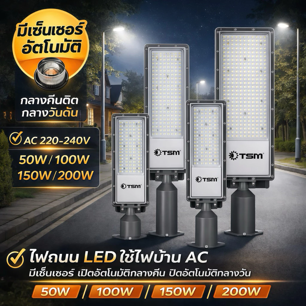 ไฟถนนLED มีเซ็นเซอร์ เปิดปิดอัตโนมัติ 50W 100W 150W 200W ใช้ไฟบ้าน ACโคมไฟถนน