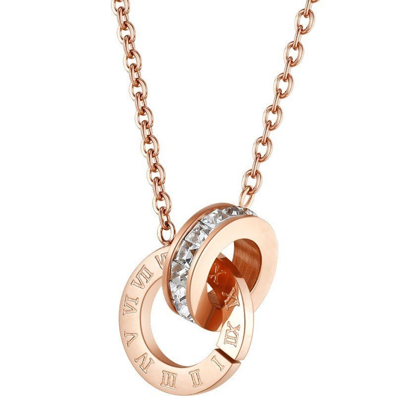 ขายร้อนไทเทเนียมเหล็กโรมันแหวนคู่สร้อยคอไม่ซีดจางโซ่ชุบ 18K Rose Gold สร้อยคอ U6QX