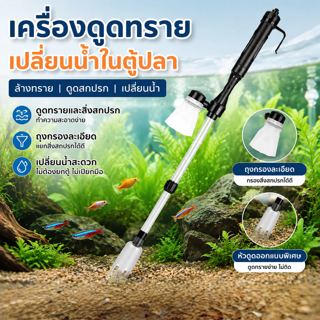 ที่ดูดขี้ปลา ปั๊มดูดน้ำทิ้ง ดูดขึ้ปลา เครื่องดูดกรวดตู้ปลาไฟฟ้า เปลี่ยนถ่ายน้ำตู้ปลา ทำความสะอาดก้นตู้ และก้นบ่อปลา