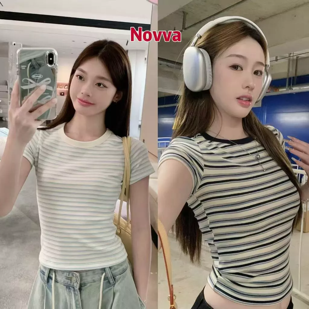 Novva ส่งไวจากไทย เสื้อยืดลายริ้ววินเทจ ผ้านิ่มเบา ระบายอากาศดี ใส่แล้วดูผอม