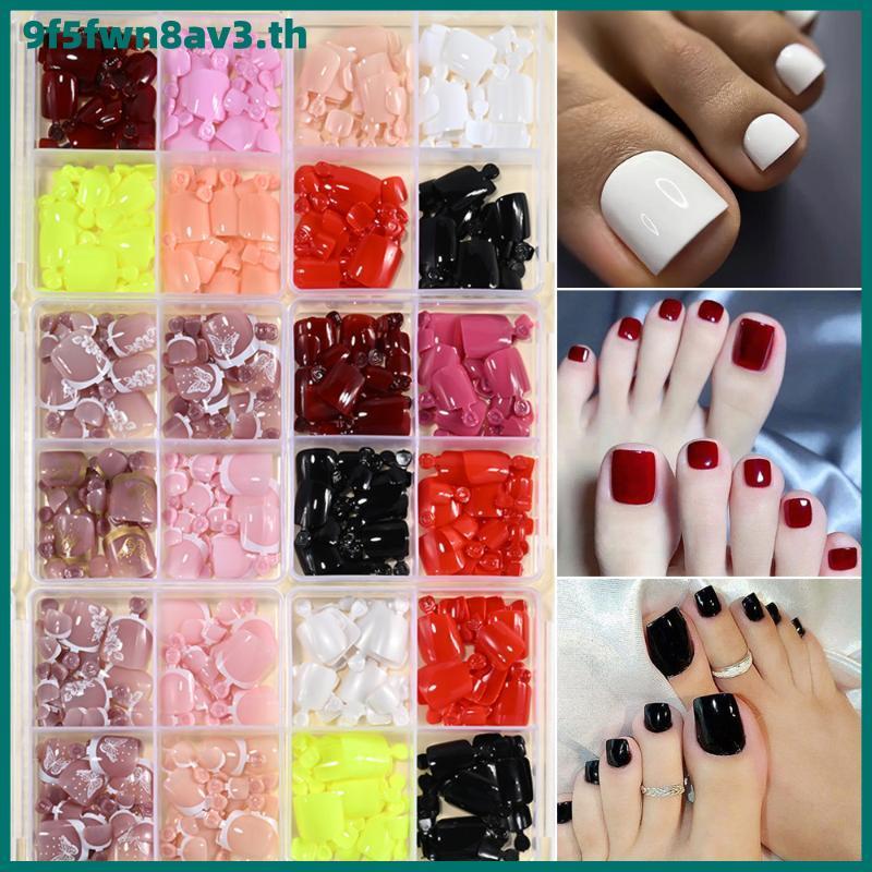 Ffw หัวเล็บเท้าปลอมทรงสี่เหลี่ยมสั้น4ช่อง96ชิ้น, หัวบีบปลายเล็บอะคริลิครูปแบบเต็มหน้าเล็บปลอม