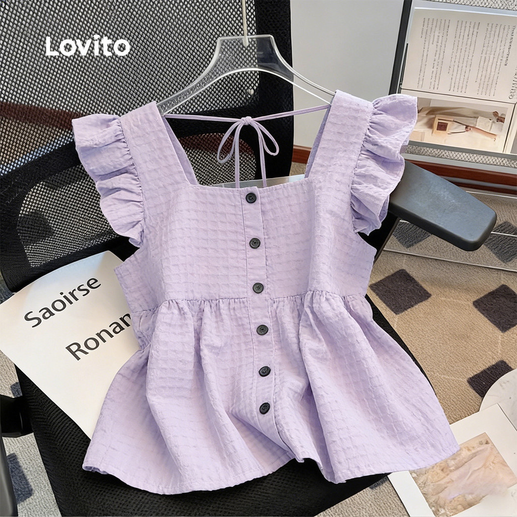 Lovito  เสื้อเบลาส์ลําลอง สีม่วง แขนระบาย ชายระบาย กระดุมหน้า เหมาะสําหรับฤดูใบไม้ผลิ/ฤดูร้อน สําหรับผู้หญิง LK4ED750 – โปรปัง
