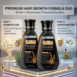 LumiCub Hair Growth Shampoo and Conditioner Set 250ml + 250ml Biotin Rosemary DHT Care Anti-Hair Fall Stronger Roots Thicker Fuller Hair for Men Women
