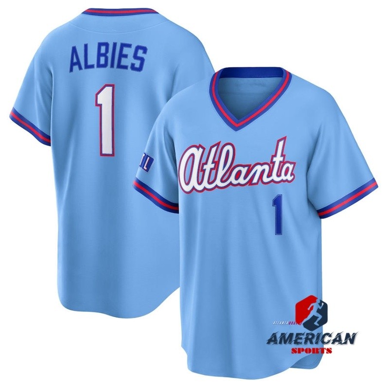เสื้อเบสบอล Atlanta Braves สีฟ้านวลของ Ozzie Albies ดีไซน์ City Connect