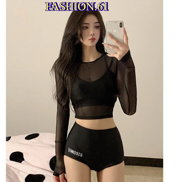 FASHION.61 ชุดว่ายน้ำ เซต 3 ชิ้น บรา+กางเกง+เสื้อคลุมแขนยาว ผ้าตาข่าย (สินค้าตัวเล็ก)ควรเผื่อไซส์ รุ่น W679