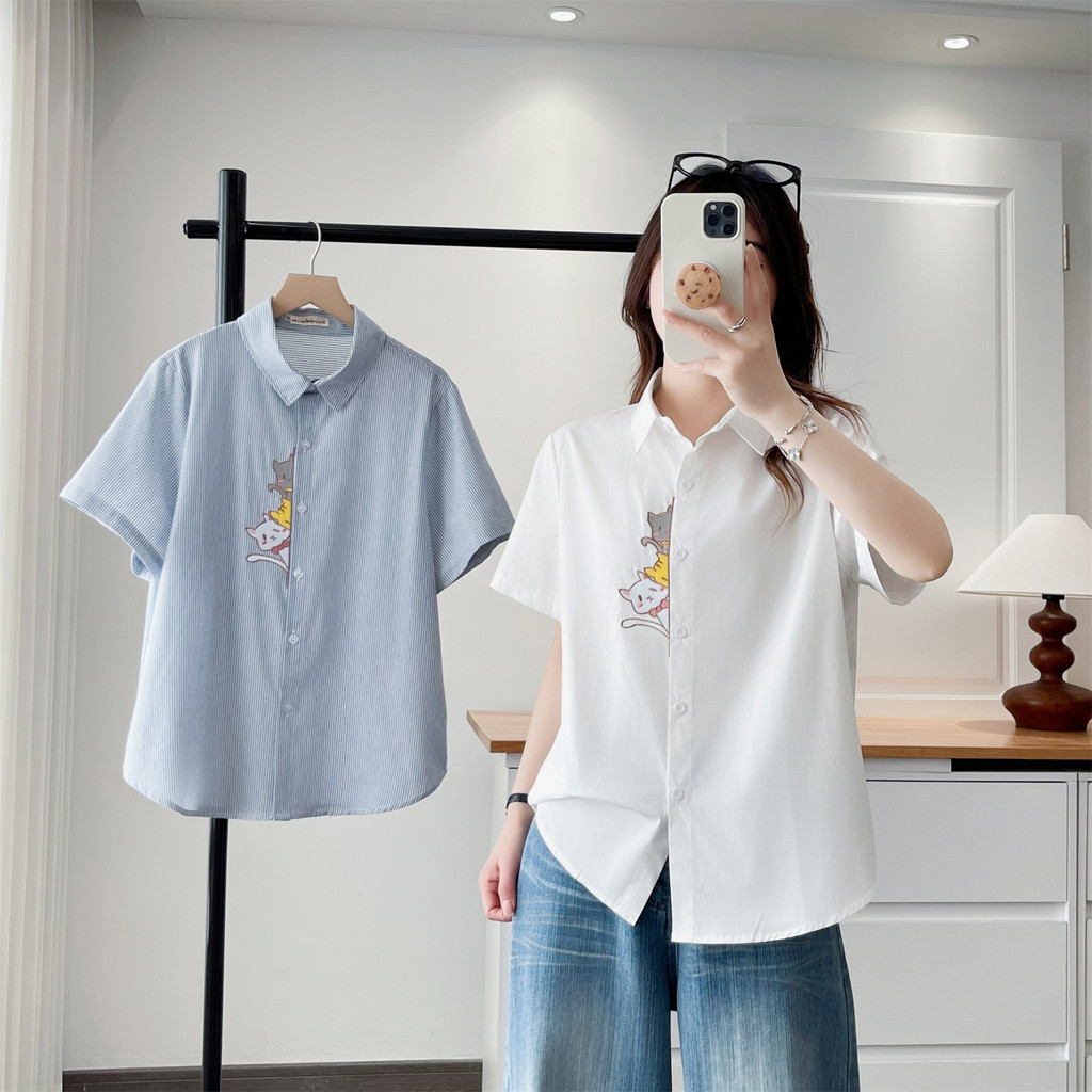 ขนาดบวก เอ็กแอล-4เอ็กแอล ผู้หญิงแขนสั้นลายเสื้อแฟชั่นน่ารักแมวเย็บปักถักร้อยหญิงท็อปส์