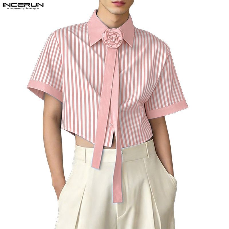 INCERUN ผู้ชายเกาหลี Elegant โรแมนติกปก 3D ดอกไม้ Tie Design แขนสั้นปุ่ม Up Stripe เสื้อ