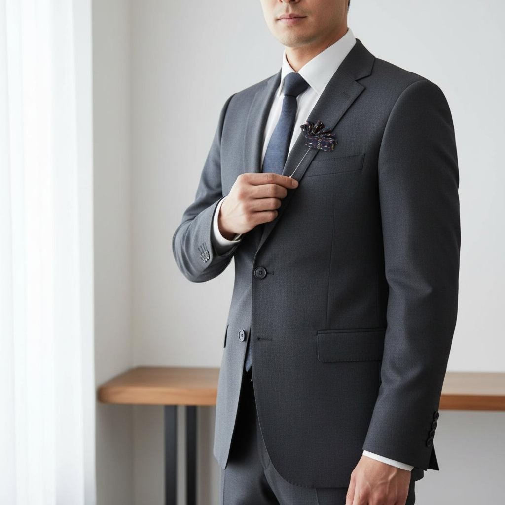 ชุดสูทผู้ชายดีไซน์หรูหรา Bountyre Dapper Accent พร้อมกระเป๋าพับล่วงหน้า Square Pin ใช้งานได้หลากหลาย