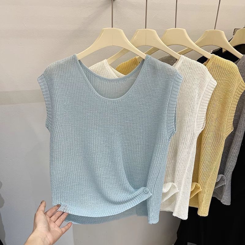 เสื้อกั๊กถักสไตล์เกาหลี สีฟ้าแขนกุด แฟชั่นฤดูร้อนสำหรับผู้หญิง หรูหราและสวมใส่ง่าย