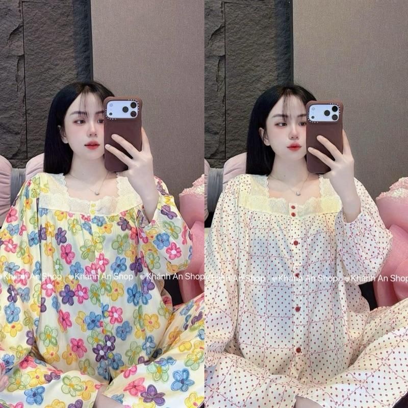 KA184 - ชุดผ้าลินิน Tole Square Collar Lace แขนยาวกางเกง B2