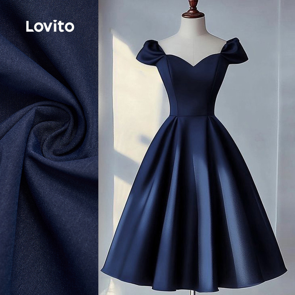 (สง่างาม) Lovito ชุดสุภาพสตรีดีไซน์พลีทฤดูใบไม้ผลิ/ฤดูร้อน สีน้ำเงินทหาร L143ED089