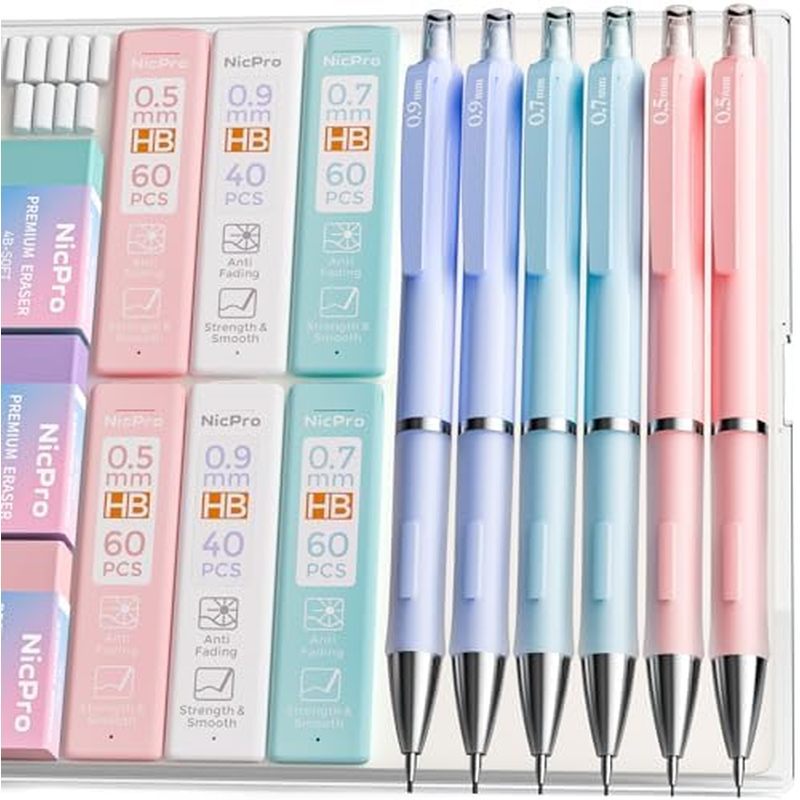 PCS Cute Mechanical Pencil Set with Case, 0.7 mm Pencils with 6 Tube HB Lead Refill, 3PCS Eraser, 9P