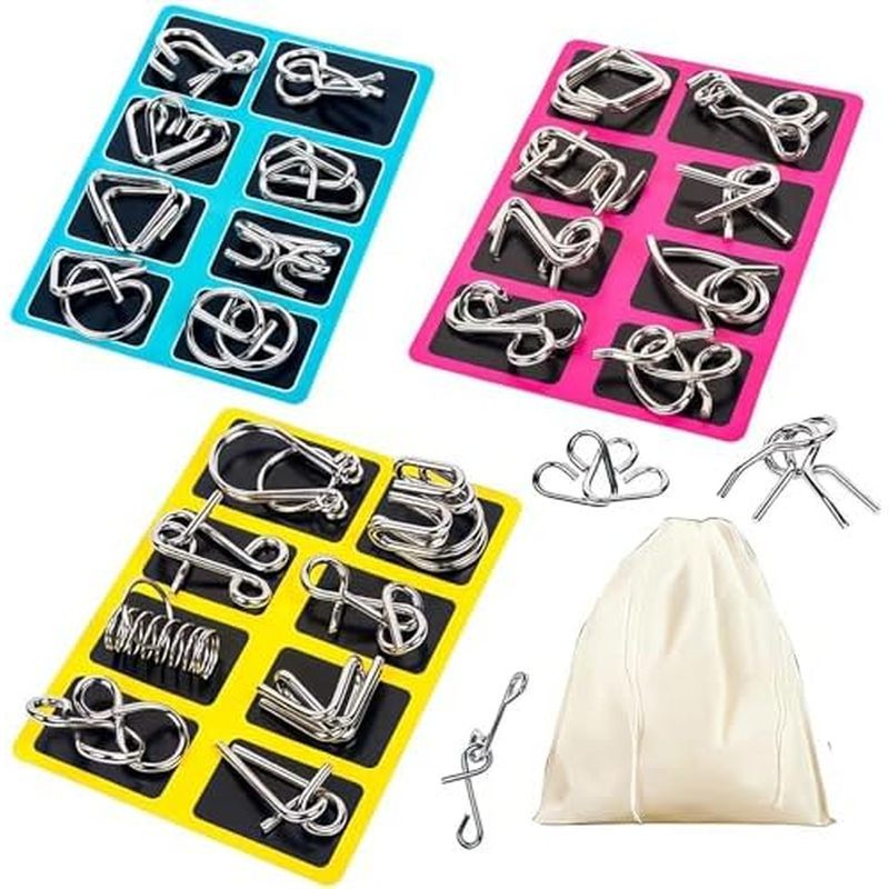 Metal Wire Puzzle Set of 24 with Pouch,Brain Teaser IQ Test Disentanglemen Iron Link Unlock Interloc