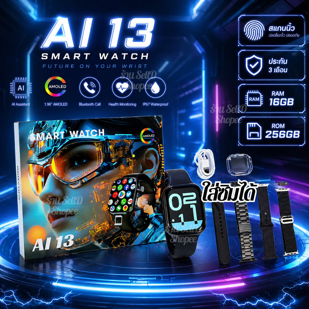 อัพเกรด AI13 Smart Watch รองรับ5G ประกัน 3 เดือน นาฬิกาอัจฉริยะ แสกนนิ้วได้ RAM16 ROM256 โทรได้