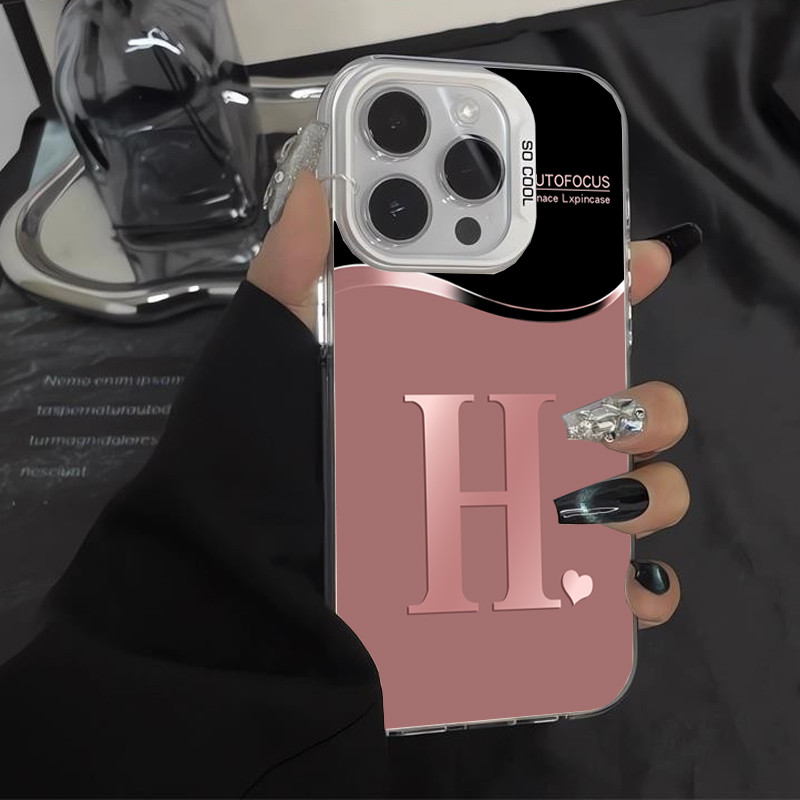เคส iPhone รูปตัว H สีชมพูเมทัลลิกหรูหรา Full ProtectioniP 11/12/13/14/15/16/17/Plus/Pro/Max/XR/XS