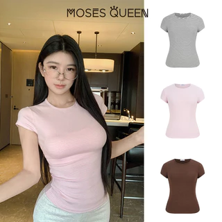 < MOSESQUEEN > มอสส์ ราชินี เสื้อยืดคอกลมลายทางอเนกประสงค์สไตล์พื้นฐานสําหรับผู้หญิงเสื้อท็อปแขนสั้นอินเทรนด์สําหรับเด็กผู้หญิง #63550