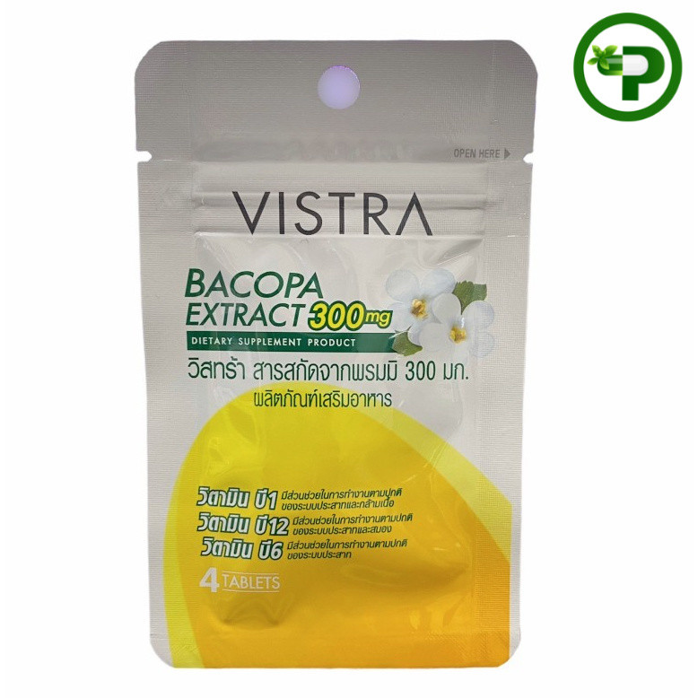 VISTRA  BACOPA  EXTRACT 300 mg. 4 Tablets วิสทร้า บาโคพา เอ็กแทรกซ์ สารสกัดจากพรมมิ 300 มก 4 เม็ด (( แบบซอง))