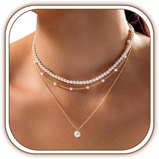 Zeffy Gold Pearl สร้อยคอผู้หญิง, Dainty 14K Gold/Silve Plated Layered Pearl Choker ต่างหูมุกสร้อยข้อ