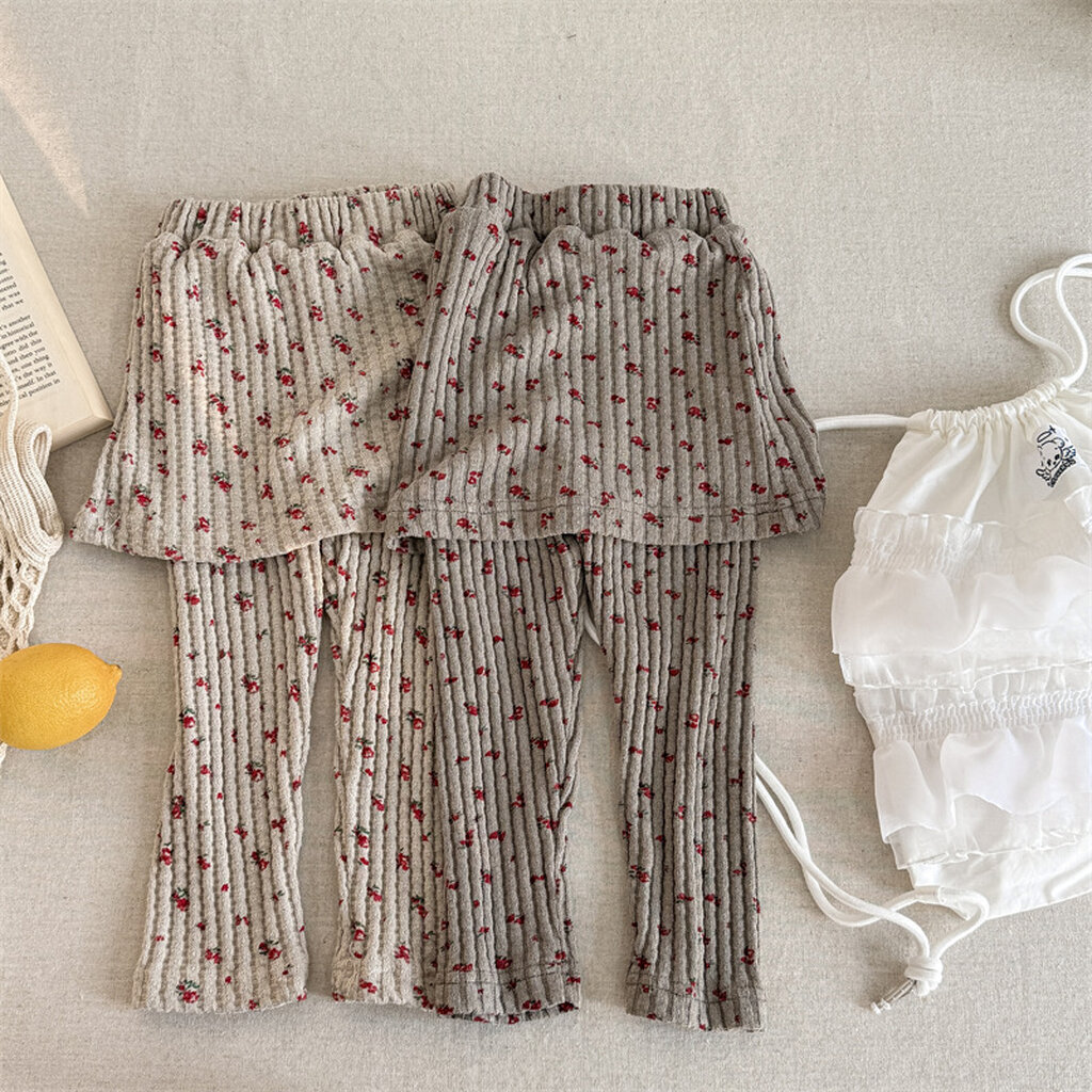 LLB-92 Floral Ribbed Pants กางเกงเลคกิ้งกระโปรงเด็กลายดอก ผ้าร่อง เอวยางยืด ปลายขาบานเล็กน้อย ใส่สบาย มี 2 สี (90-130)