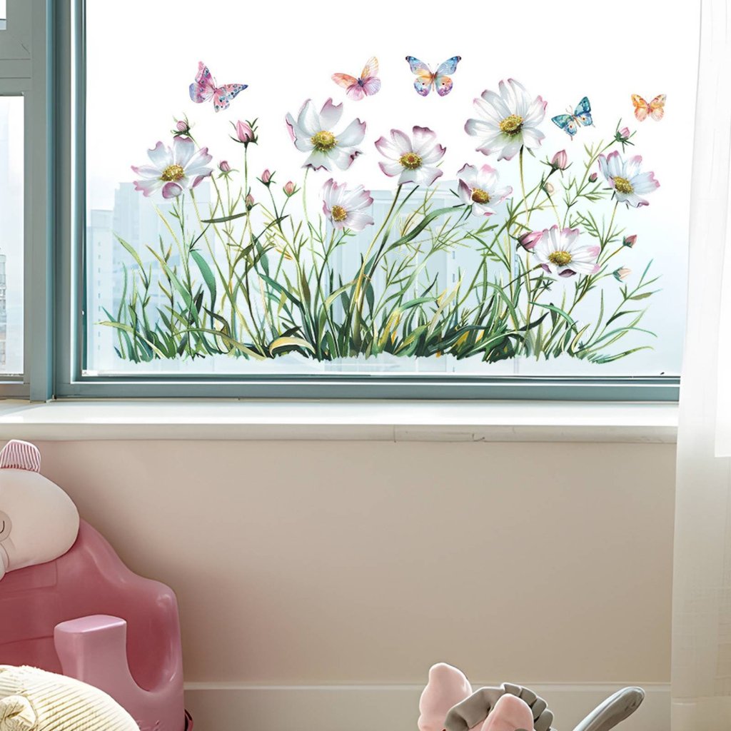 Self-Adhesive Cosmos Flower Wall Decal ตกแต่งบ้านที่ถอดออกได้สีน้ําออกแบบสําหรับเนอสเซอรี่