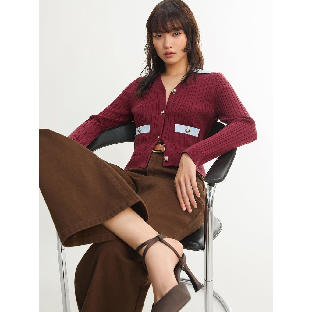 [Pomelo] เสื้อคาร์ดิแกนผ้าถักลาย ดีไซน์ปกและกระเป๋า / Contrast Collar Ribbed Pocket Detail Cardigan ราคา ถูกที่สุด ดีลบีเคเค