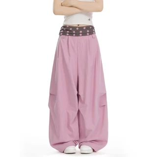 American Polka Dot Contrast Color Stitching Overalls ผู้หญิงหลวมกางเกงกีฬาขากว้าง