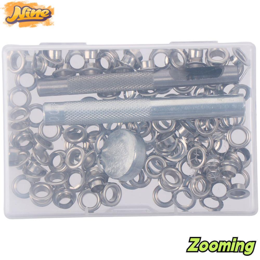 ZOOMING 100 ชุด Grommet ชุด, เงินหนา Grommets ตาไก่, 3 ชิ้นเครื่องมือติดตั้ง 1/4 นิ้วโลหะตาไก่หนัง, ผ้า, ผ้าใบกันน้ํา, รองเท้า, เสื้อผ้า