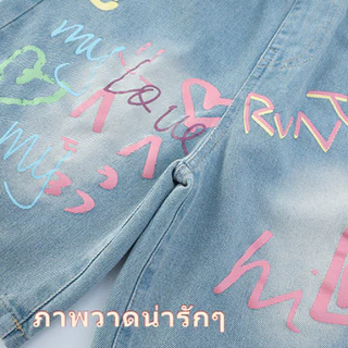 สาวๆ เดนิม กางเกงขาสั้น.แฟชั่นหลวมน่ารักเย็นผ้านุ่มพิมพ์การ์ตูนกราฟฟิตีขนาด120-170