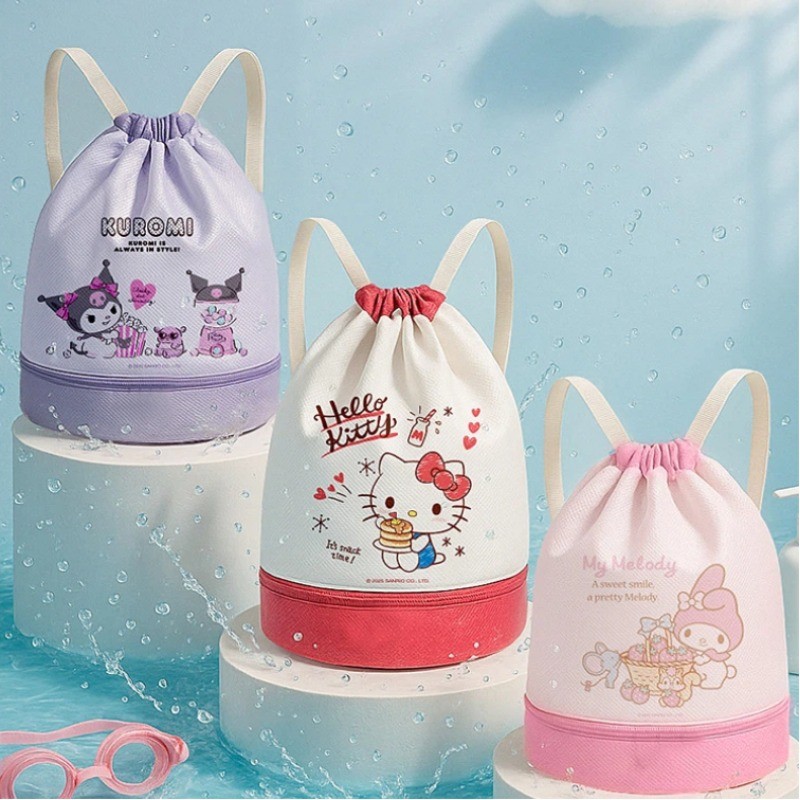 กระเป๋าเป้ว่ายน้ํากันน้ําสําหรับเด็ก Sanrio - กระเป๋าหูรูดแบบแยกส่วนแห้งเปียกพร้อม Hello Kitty Kuromi & My Melody สําหรับที่เก็บอุปกรณ์ว่ายน้ํา