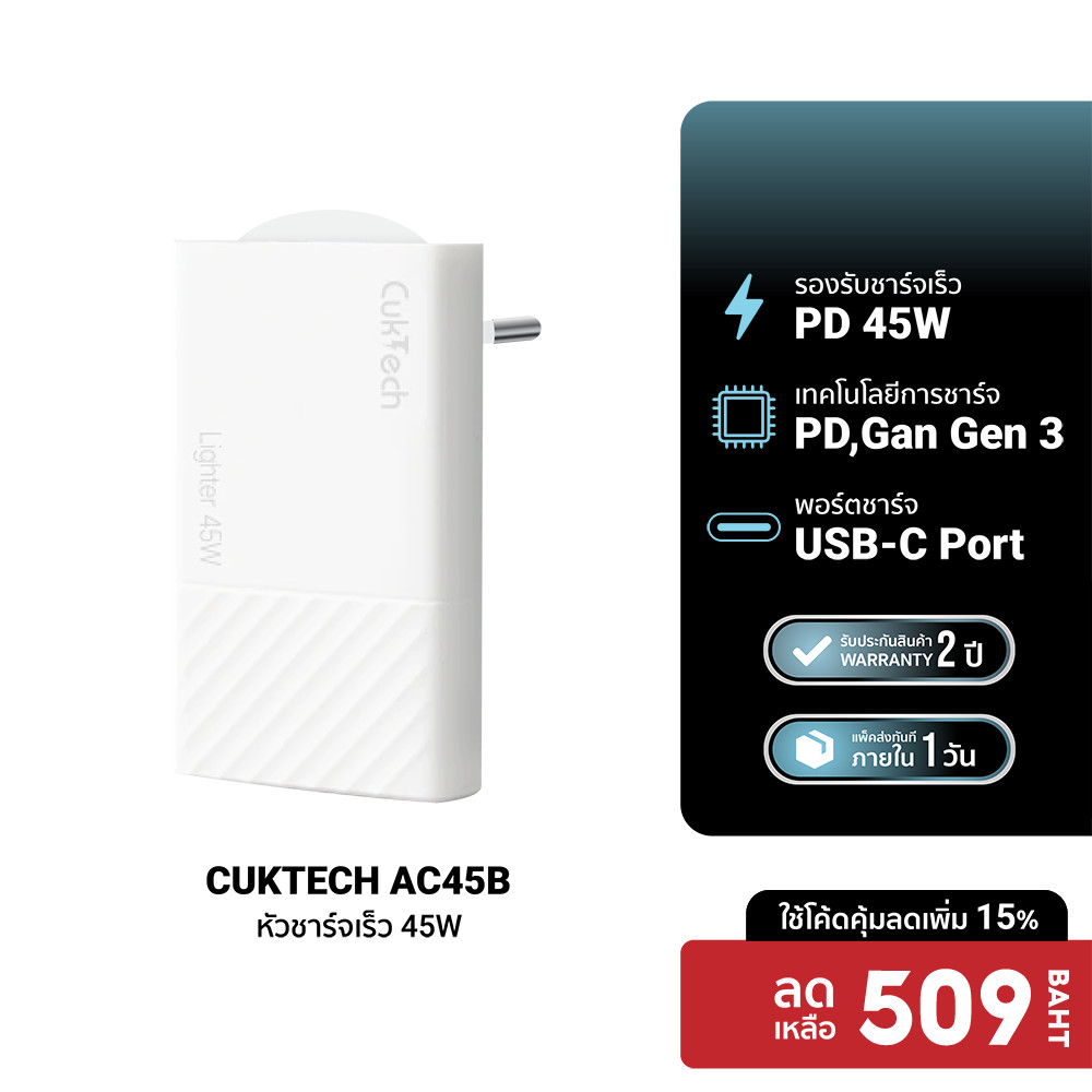[ลดเหลือ 509] CUKTECH AC45B GaN 45W หัวชาร์จ USB-C เล็กที่สุด สำหรับ iPhone iPad ระบบป้องกัน 8 ชั้น 