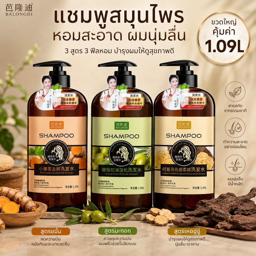 พร้อมส่ง HAMPOO แชมพูสระผม สมุนไพร มี 3 สูตร บำรุงผม ผมนุ่ม ปริมาตรสุทธิ 1.09L กลิ่นหอม ผมหอม