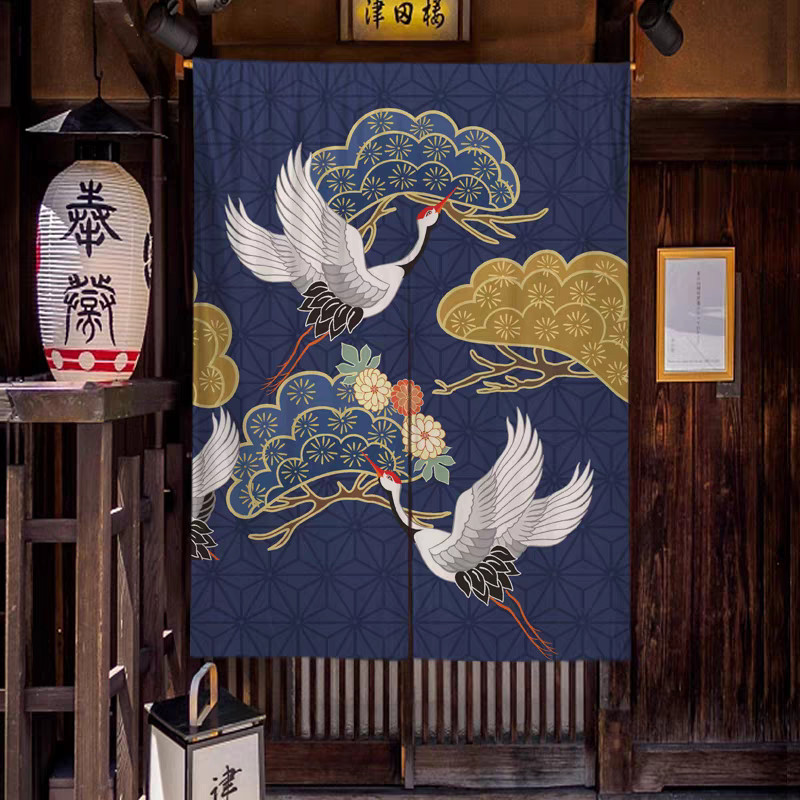 ผ้าม่าน Ukiyo-e Crane Noren, ผ้าม่านครึ่งผ้าสีดําพร้อมพิมพ์ Wave & Sun, ร้านอาหารญี่ปุ่น/ตกแต่งบาร์, ฉากกั้นห้องเอเชียแบบดั้งเดิม