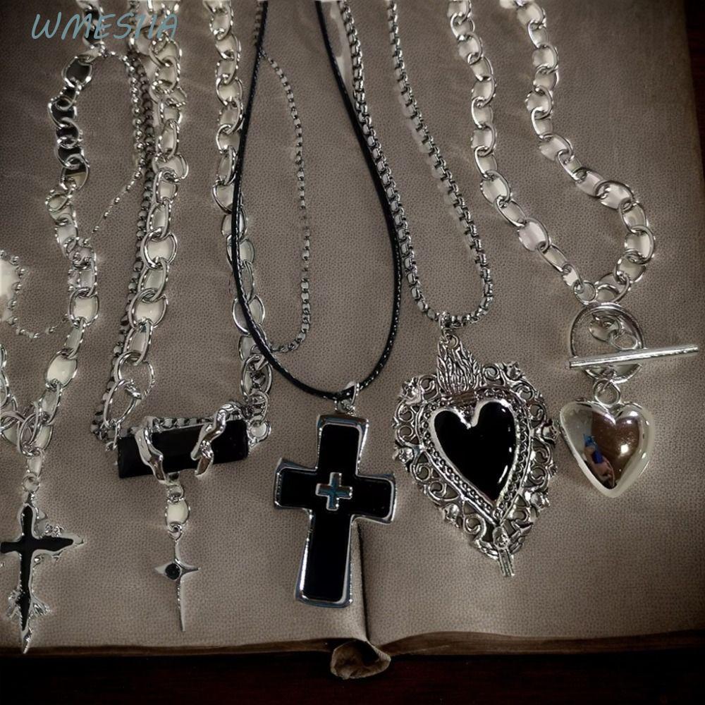 WMES1IA Punk Rock สร้อยคอ,เสื้อกันหนาวสังกะสีอัลลอยด์ 90s Y2K สร้อยคอ,แฟชั่น Black Heart Street Vint