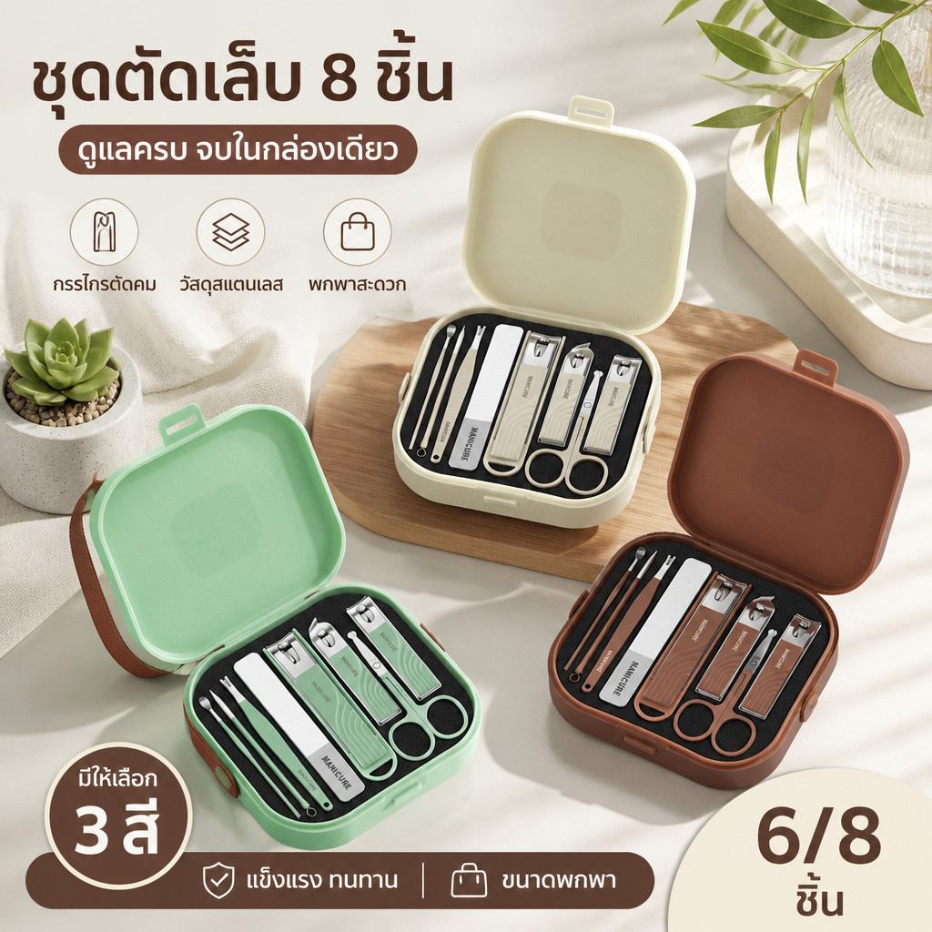 ชุดของการตัดเล็บ 6/8 ชิ้นสีน้ำตาลพร้อมมีหูหิ้ว ทนทาน พกพาสะดวก เหมาะใช้เองและเป็นของขวัญ