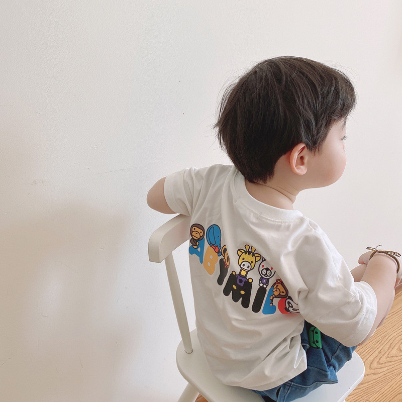 เด็กการ์ตูนยีราฟลิงพิมพ์แขนสั้นเสื้อยืดเด็กสิงโตแพนด้าใหญ่พิมพ์ครึ่งแขนด้านบนสาวน่ารักเสื้อสวมหัว