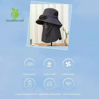 Louislifecool หมวกพัดลมผู้ชายพร้อมแผงโซลาร์เซลล์หมวกผ้าคลุมไหล่ปีกกว้างป้องกันรังสียูวีหมวกกลางแจ้งใหม่