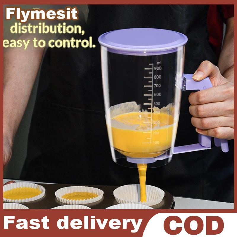 Flymesit 900ml Pourable Batter Separator พร้อมฉลากวัด Squeeze Dispenser สําหรับเค้กแพนเค้กวาฟเฟิล Smooth Release EN