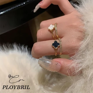PLOYBRIL COD💖แหวนเปิดนิ้วรูปดอกโคลเวอร์สี่แฉกสองชั้นสำหรับผู้หญิง แหวนนิ้วชี้อเนกประสงค์หรูหรา J038