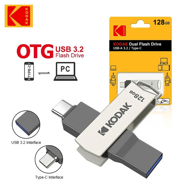 Kodak K273 โลหะ USB แฟลชไดรฟ์ USB3.2 ประเภท C แฟลชไดรฟ์ 32GB 64GB 128GB 256GB ความเร็วสูงสําหรับรถยน