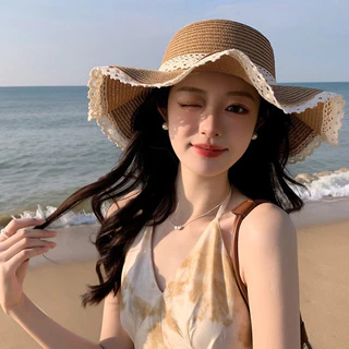 Retro Sparkle🥨👒โค้งคำนับ ขอบลูกไม้ หมวกฟางกันแดด สไตล์วันหยุด ขอบหยัก หมวกชายหาดของชาวประมง คุณภาพสูง ส่งไวจากไทย