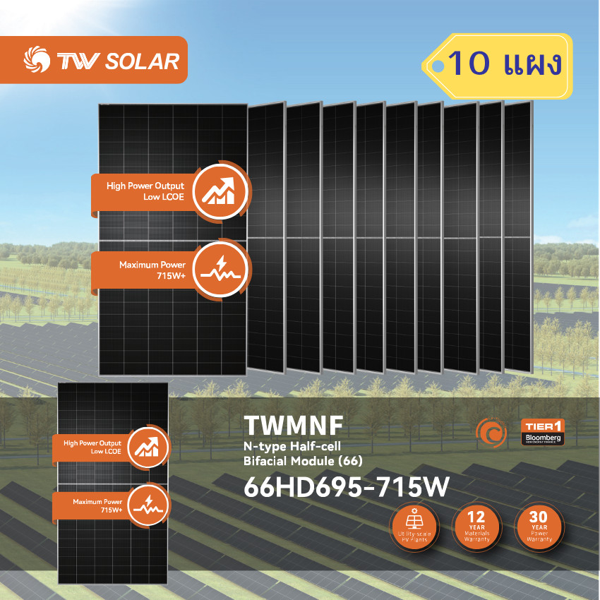 แผงโซลาร์เซลล์ TW Solar 715W N-Type รับแสงสองด้าน รุ่น 66HD695-715W (10 แผง)