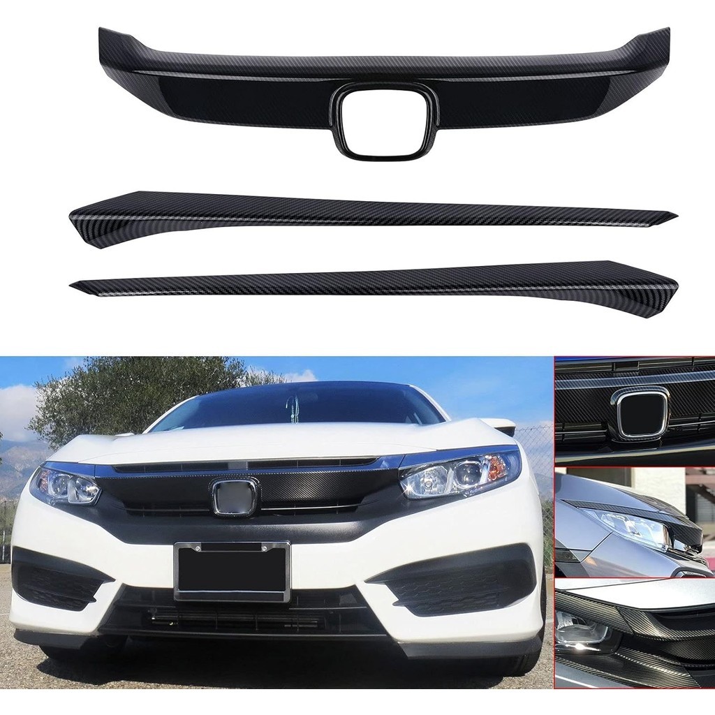 Xotic Tech ฝาครอบกระจังหน้า Moulding Trim เข้ากันได้กับ Honda Civic 2016-2021 (รูปแบบคาร์บอนไฟเบอร์)
