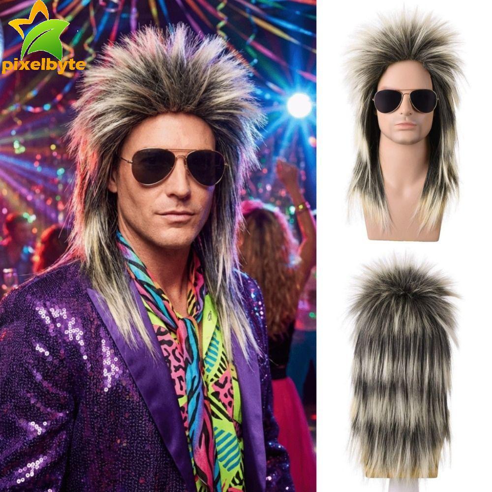 PIXELBYTE Retro Mullet Wig สำหรับคอสเพลย์ สังเคราะห์เนียนเหมือนจริง สไตล์ปังค์ ดีซอก อาร์คเกอร์