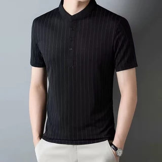 Chaistyle เสื้อยืดผู้ชาย คอตั้งโปโล มีกระดุม ลายทาง แบบบาง รัดรูป สบายๆ รุ่นใหม่ ระบายอากาศได้ดี เย็นสบาย