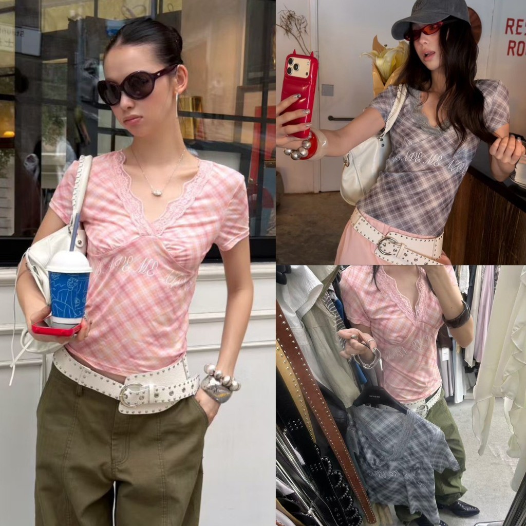 ❤ 🧵 🇰🇷 SU233 เสื้อคอวี ลายสก็อต แขนสั้น แต่งผ้าลูกไม้ ทรงพอดีตัว ผ้าดี สีสวย งานน่ารัก ใส่สบาย TAG MM Fish 🧡