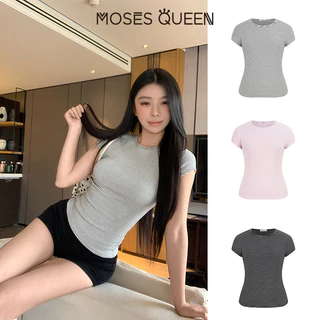 < MOSESQUEEN > มอสส์ ราชินี เสื้อยืดคอกลมลายทางอเนกประสงค์สไตล์พื้นฐานสําหรับผู้หญิงเสื้อท็อปแขนสั้นอินเทรนด์สําหรับเด็กผู้หญิง #63550