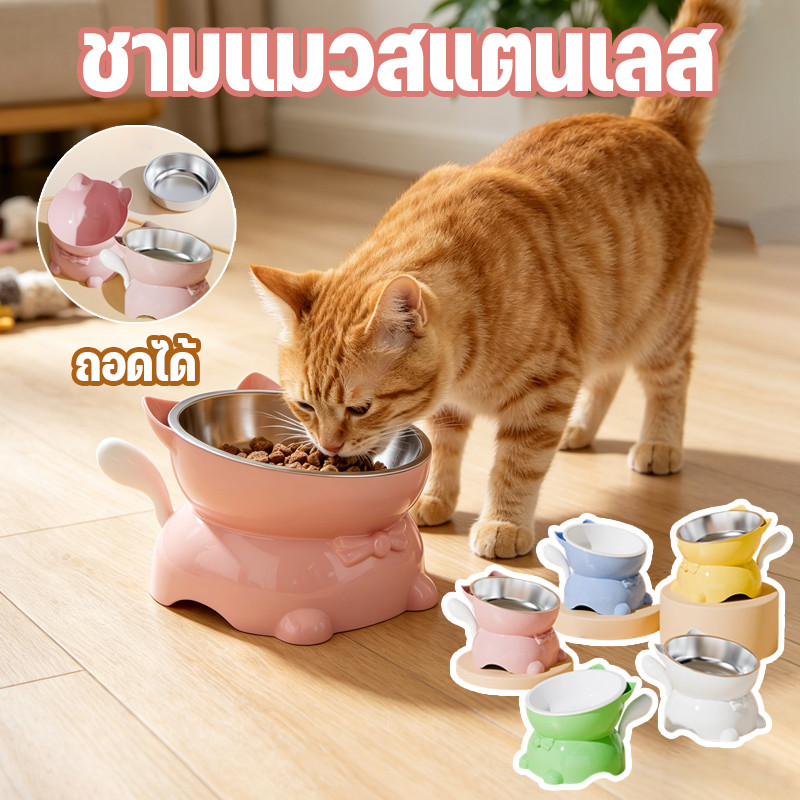 ชามอาหารแมว สําหรับสัตว์เลี้ยง ชามแมวสแตนเลส ลายน่ารัก  ถอดได้ ไม่ใช้พื้นที่ สำหรับแมวและสุนัข
