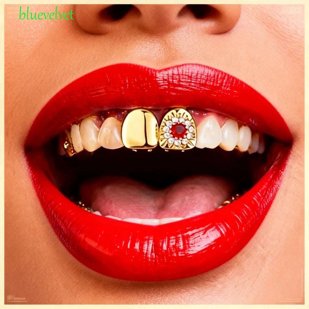 BLUEVELVET Hiphop ฟัน Grillz, ดอกไม้ออกแบบที่ถอดออกได้ Rhinestone ฟันหมวก, ของขวัญทองเงินสี Bling Ch